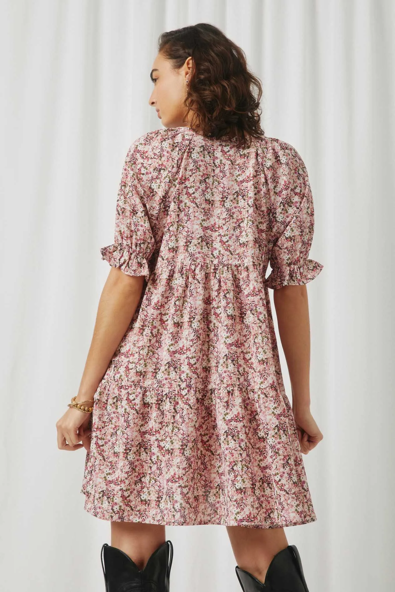 Floral Print Tie Neck Cinch Sleeve Dress