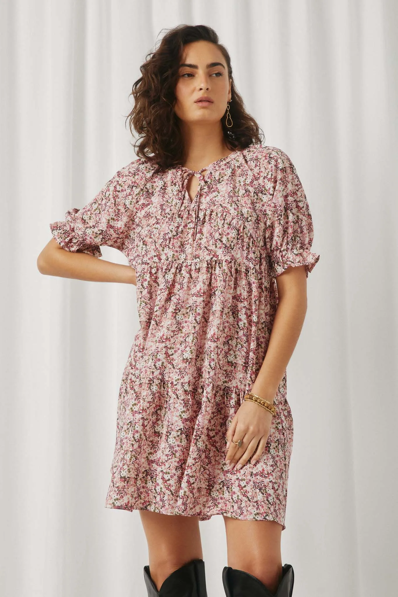 Floral Print Tie Neck Cinch Sleeve Dress