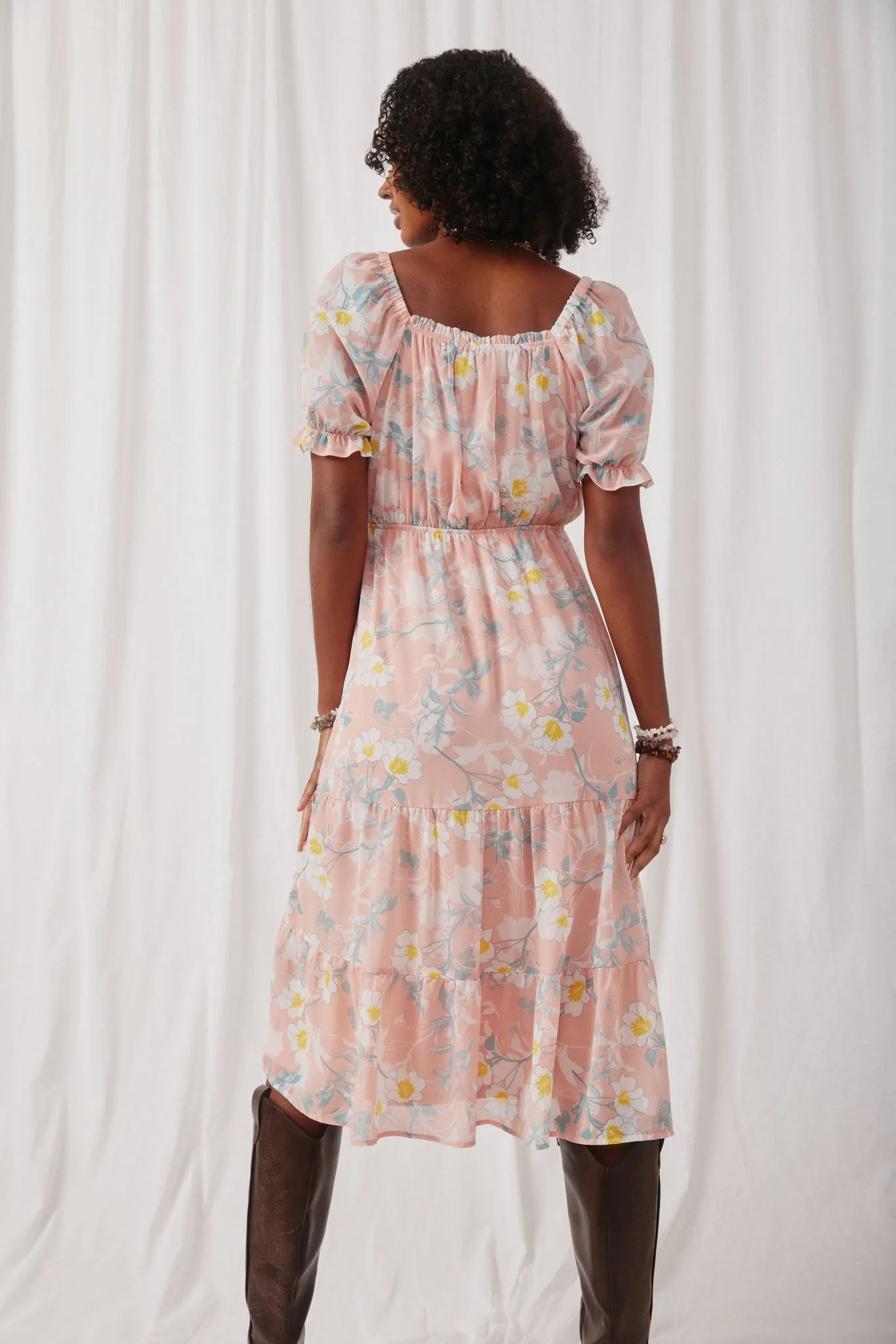 Floral Smocked Puff Sleeve Chiffon Dress