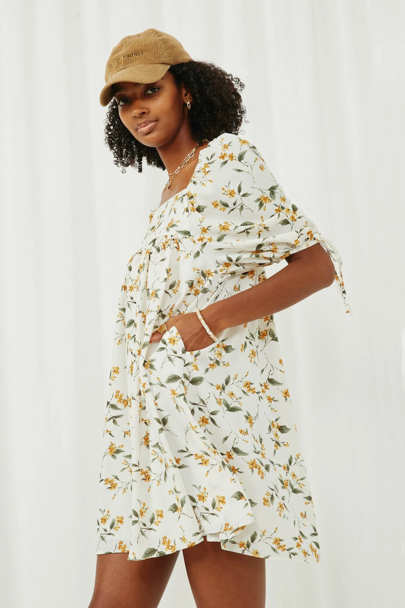 Floral Square Neck Tie Sleeve Dress