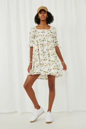 Floral Square Neck Tie Sleeve Dress