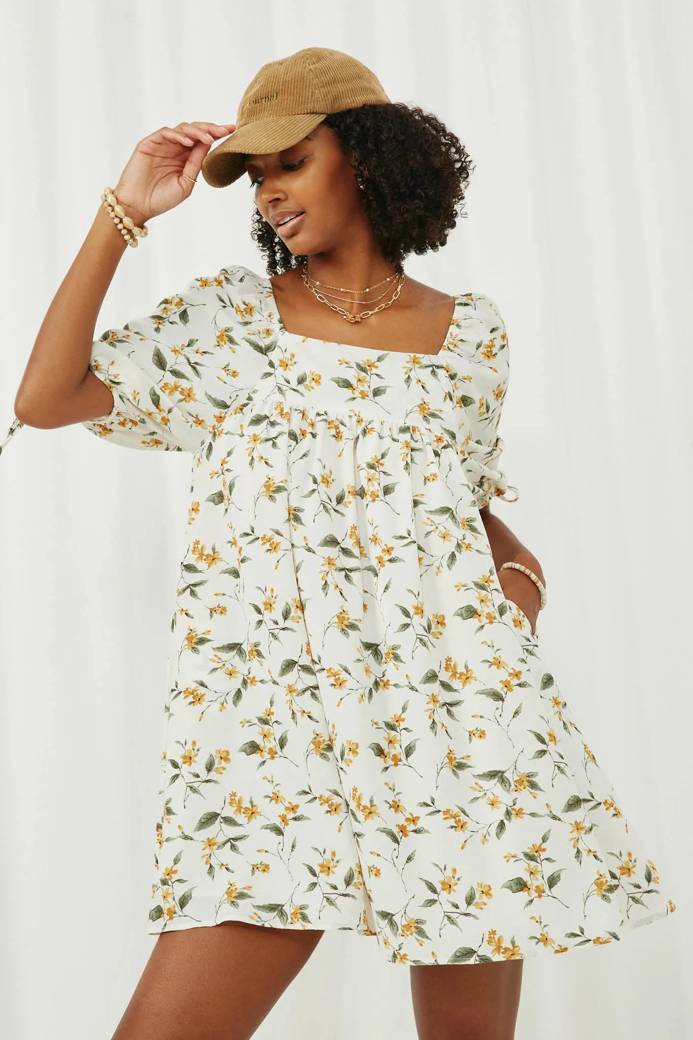 Floral Square Neck Tie Sleeve Dress