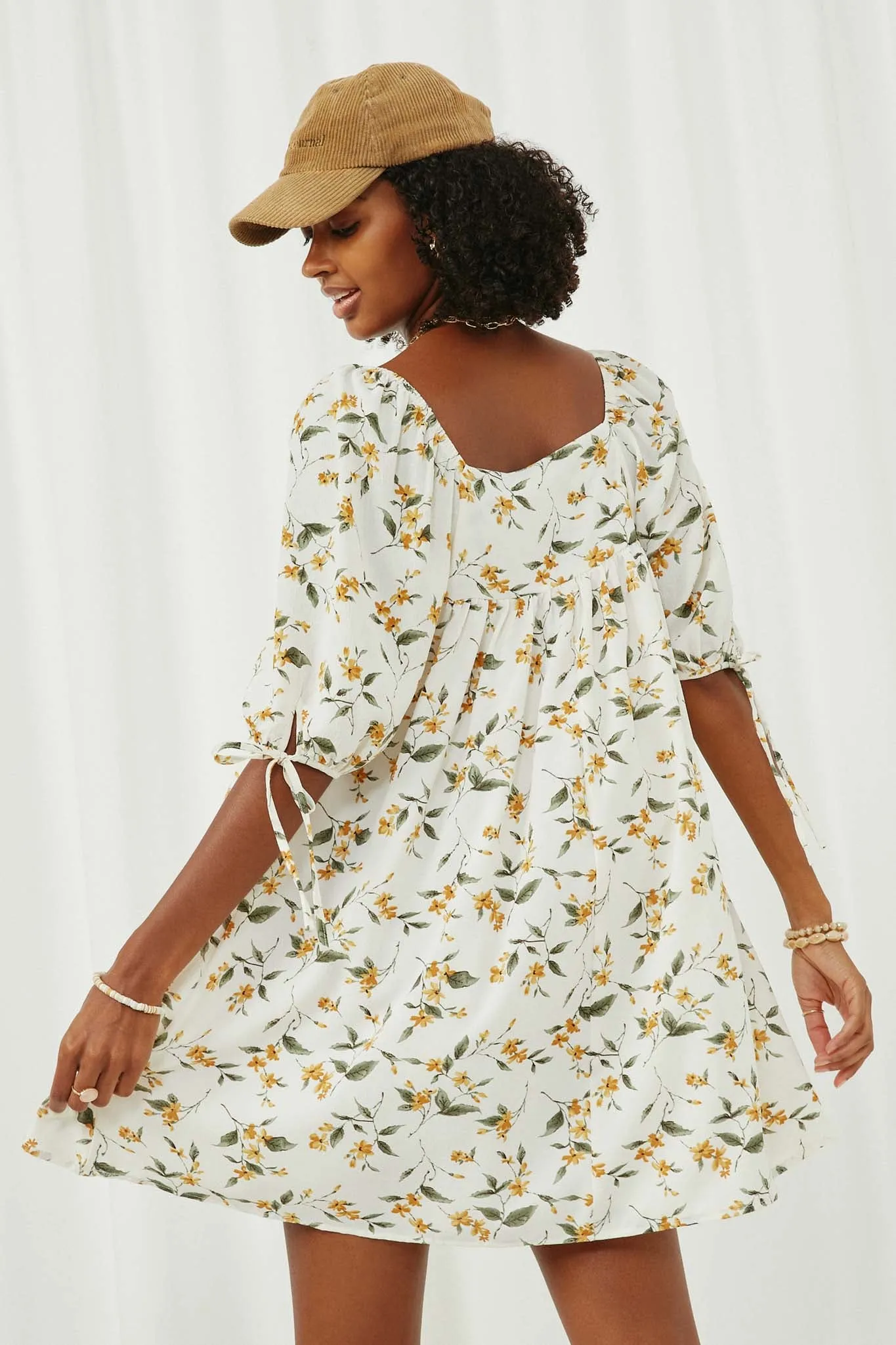 Floral Square Neck Tie Sleeve Dress