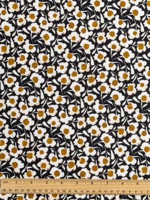 Illustrated Daisy Print Cotton Poplin - Black   White   Ochre - Swatch