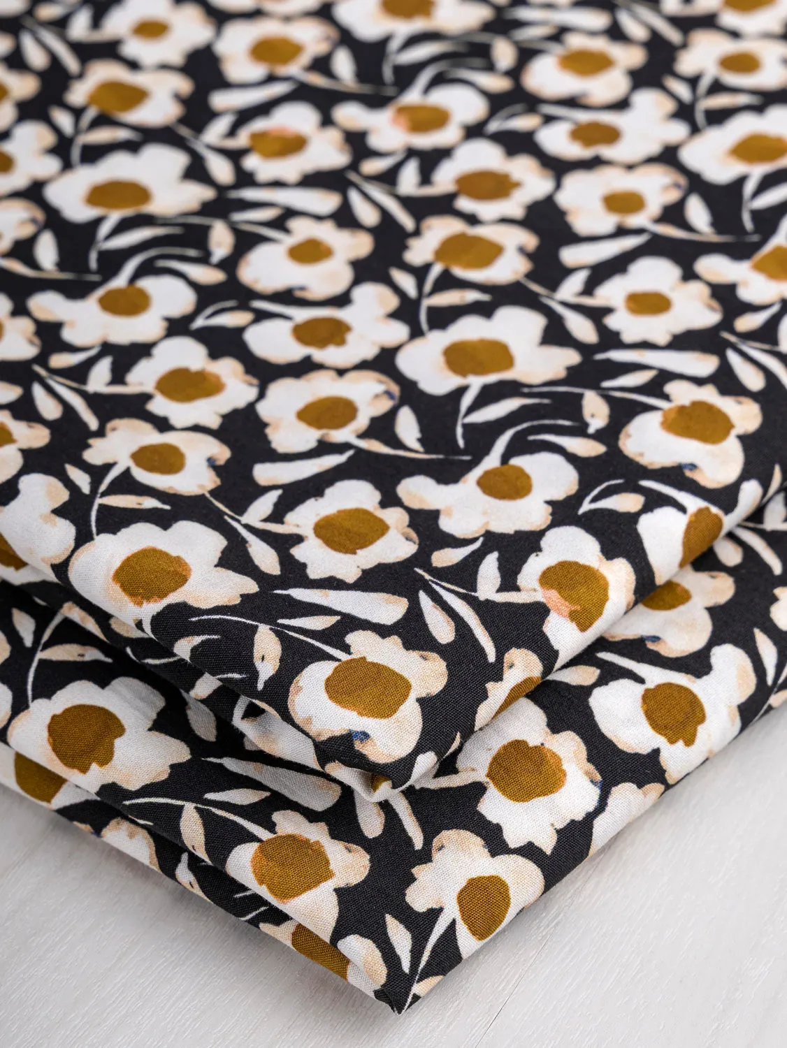 Illustrated Daisy Print Cotton Poplin - Black   White   Ochre - Swatch