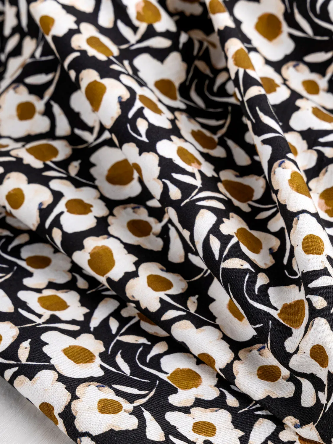 Illustrated Daisy Print Cotton Poplin - Black   White   Ochre - Swatch