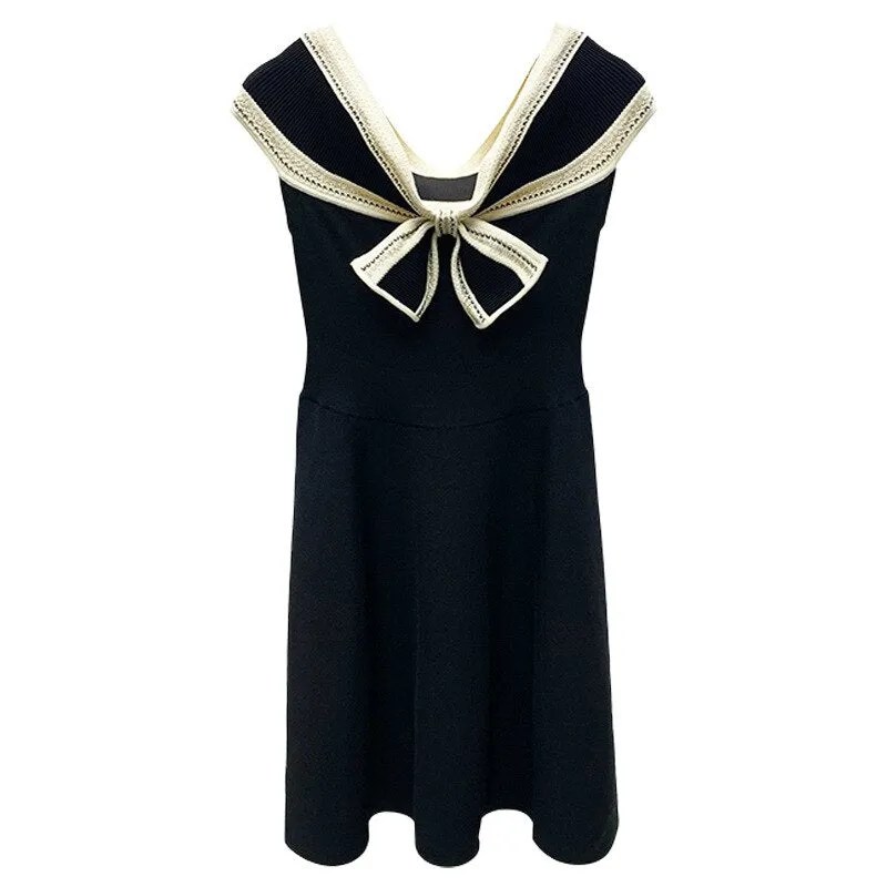 Korean Fashion Clothes Women 2022 Summer Elegant Bow A-line Mini Dress Black Knitted Vestido Feminino