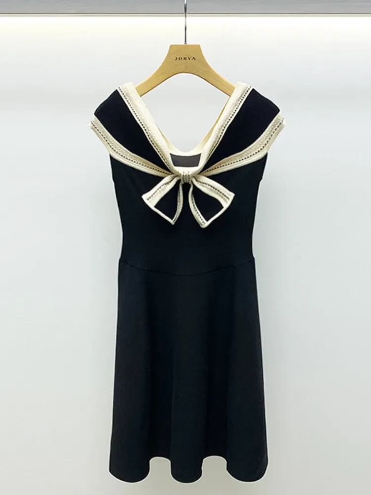 Korean Fashion Clothes Women 2022 Summer Elegant Bow A-line Mini Dress Black Knitted Vestido Feminino