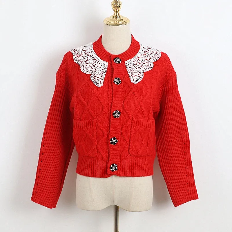 Korean Fashion Sweaters 2022 Autumn Elegant Lace Collar Long Sleeve Knit Top Oversized Knitted Cardigan Mujer Invierno