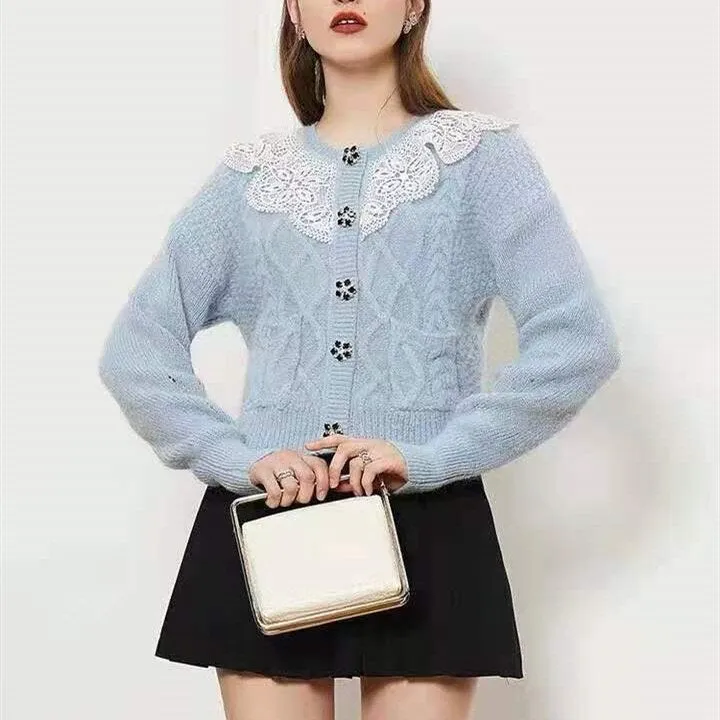 Korean Fashion Sweaters 2022 Autumn Elegant Lace Collar Long Sleeve Knit Top Oversized Knitted Cardigan Mujer Invierno