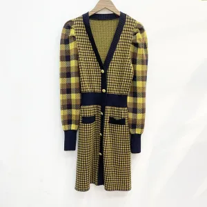 Korean Vintage Yellow Plaid Dresses for Women Designers Autumn Winter Clothes 2022 Fashion Elegant Long Sleeve Mini Dress