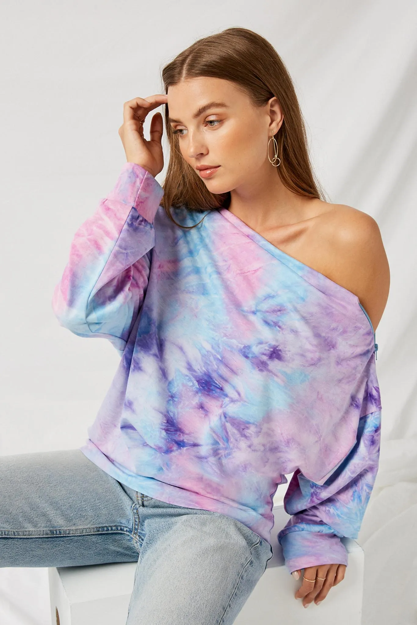 Long Sleeve Off Shoulder Tie Dye Knit Top