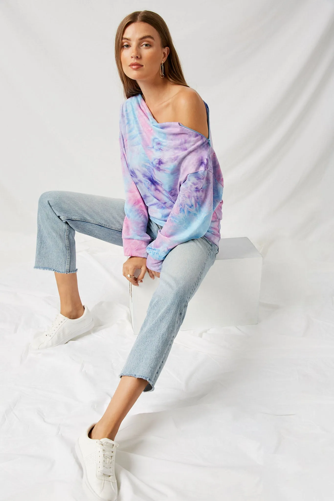 Long Sleeve Off Shoulder Tie Dye Knit Top