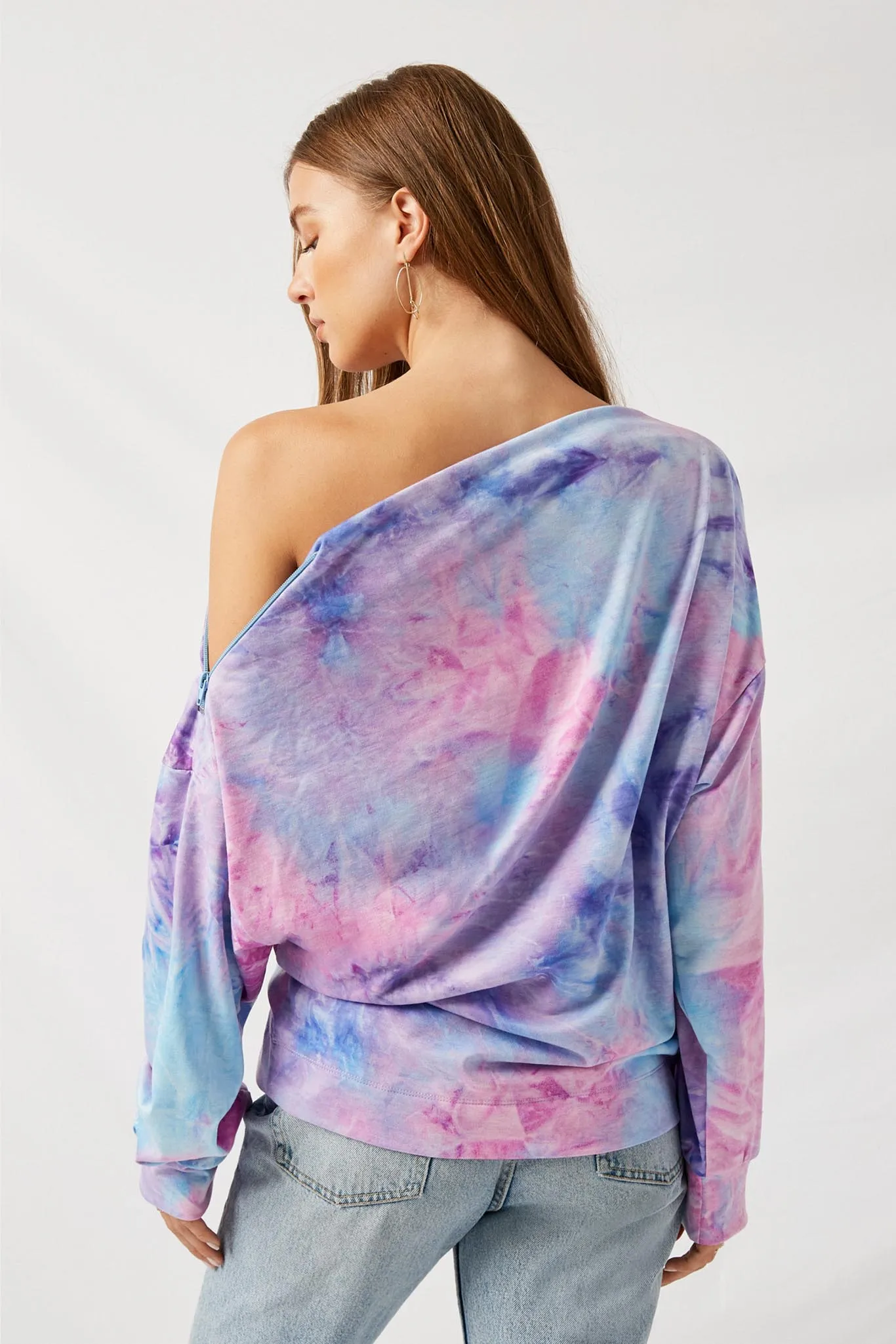 Long Sleeve Off Shoulder Tie Dye Knit Top