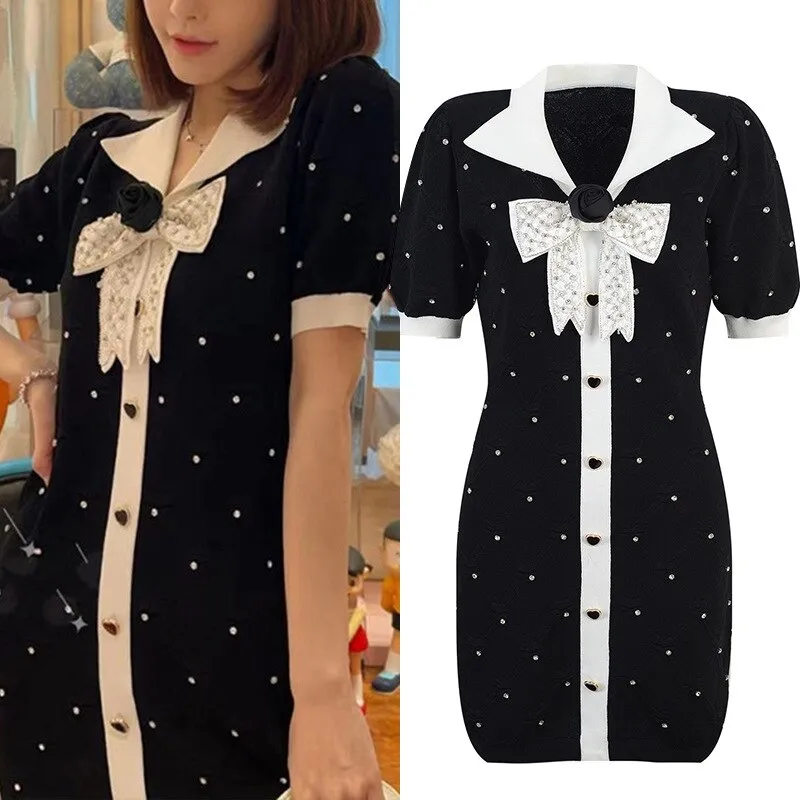 Luxury Diamonds Beading Dress Women 2022 Runway Designer Elegant Bow Short Sleeve A-line Mini Dress Black Knitted Vestidos