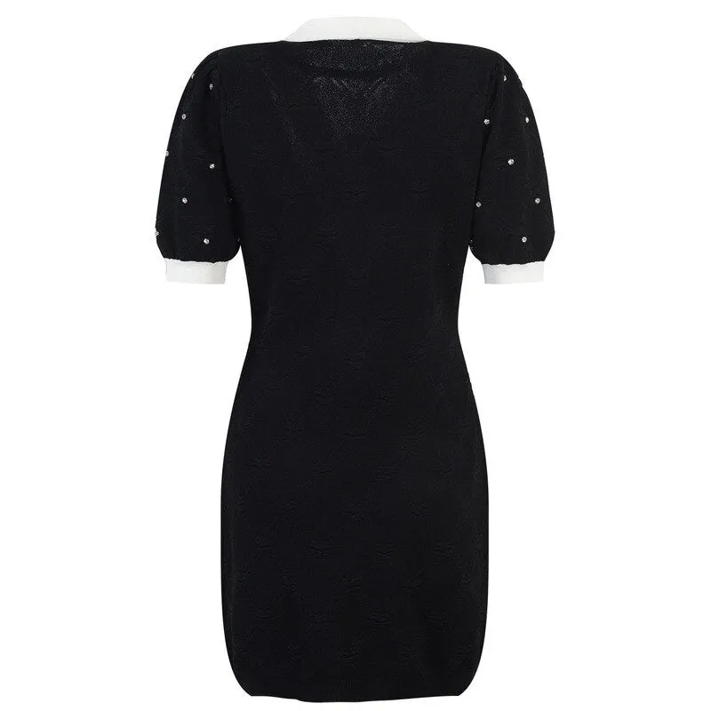 Luxury Diamonds Beading Dress Women 2022 Runway Designer Elegant Bow Short Sleeve A-line Mini Dress Black Knitted Vestidos