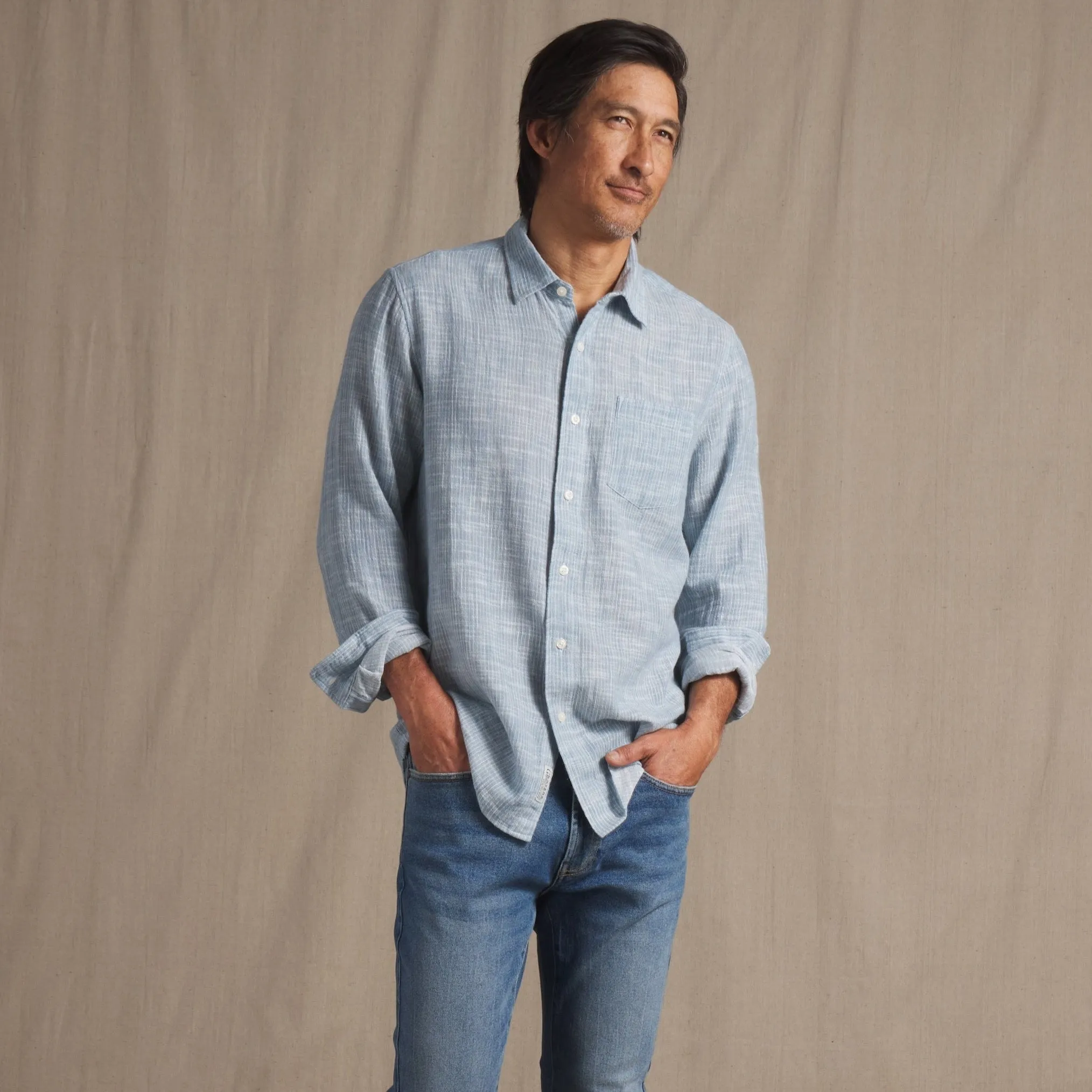 Madras Cottage Loom Chambray Shirt - Blue Chambray Stripe