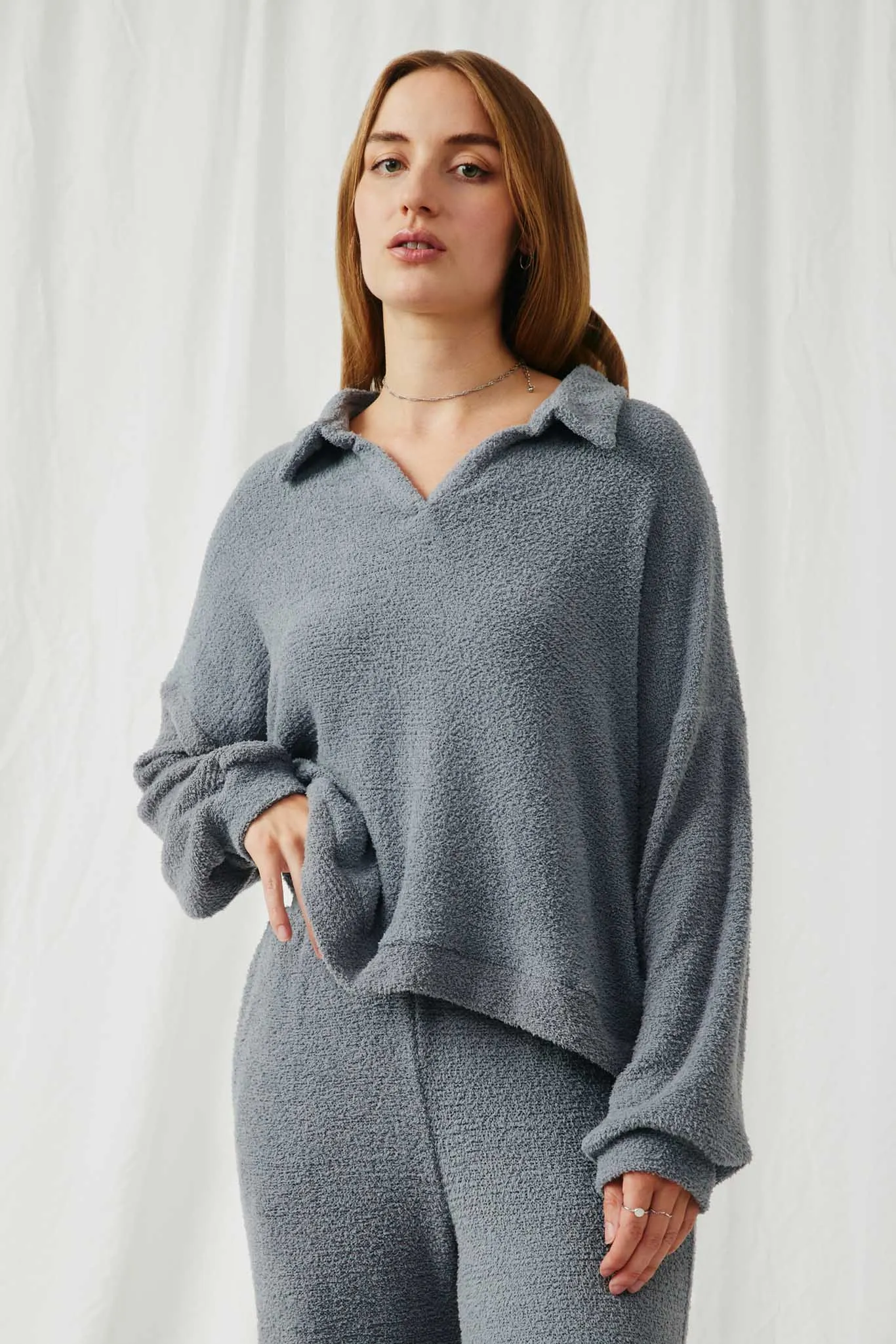 Open Collar Long Sleeve Fleece Top