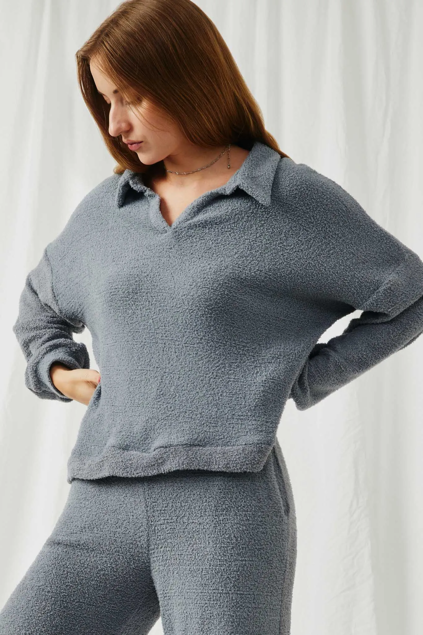 Open Collar Long Sleeve Fleece Top