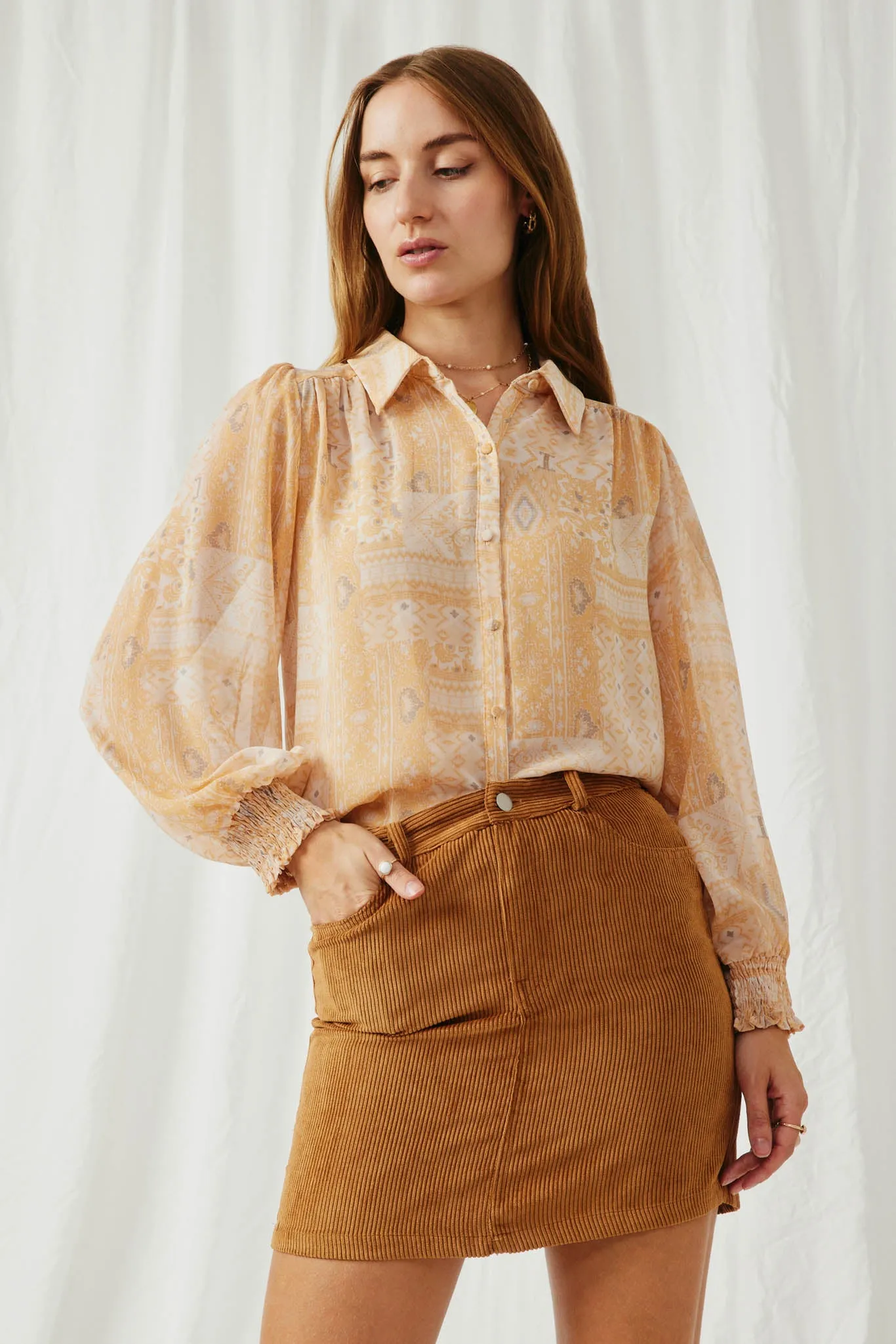 Patch Print Smocked Cuff Collared Shirt