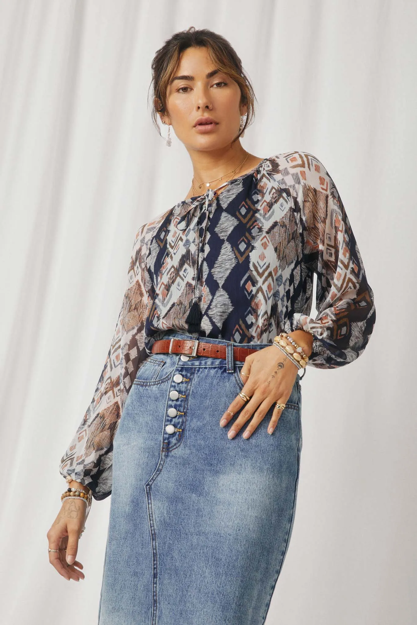 Printed Chiffon Tassel Top