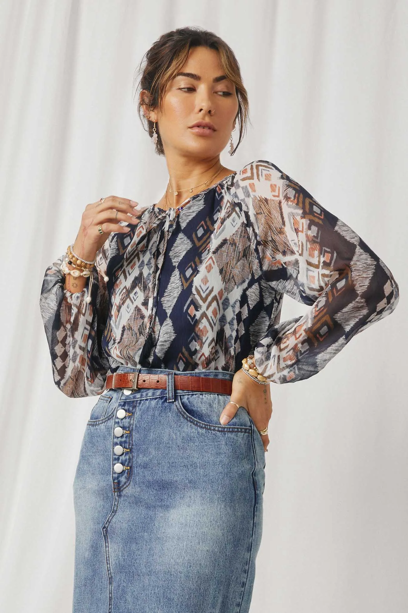 Printed Chiffon Tassel Top