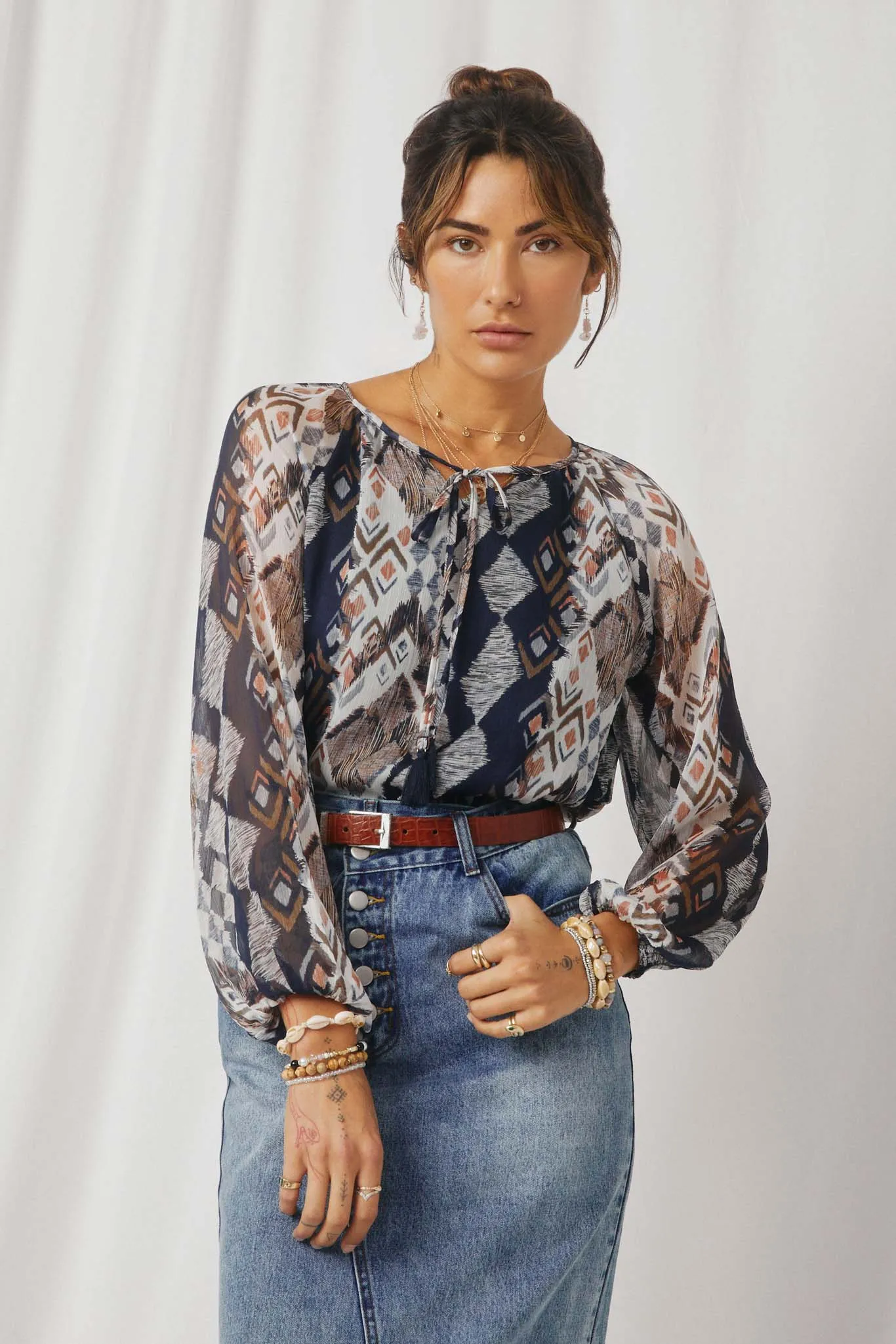 Printed Chiffon Tassel Top