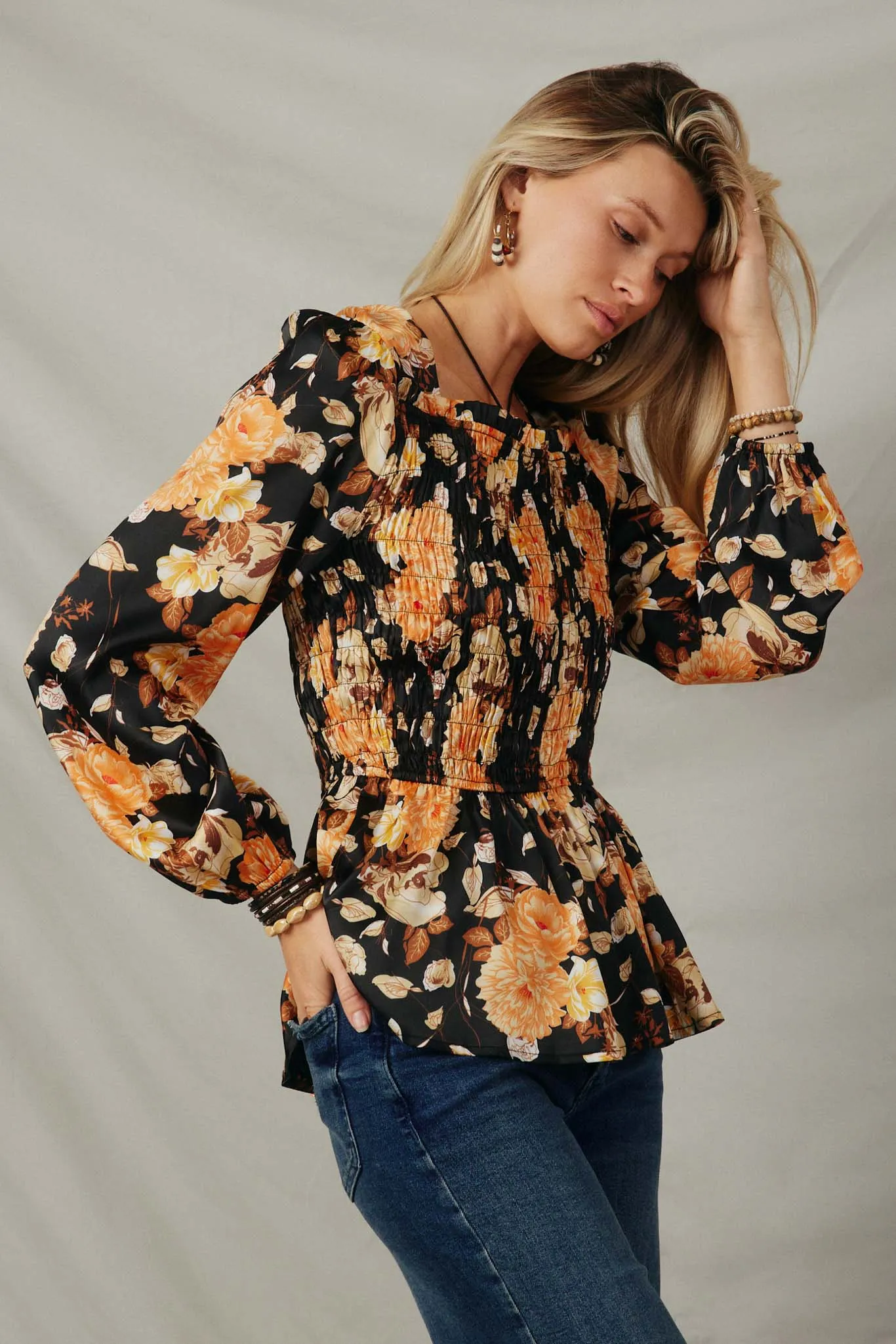 Satin Floral Loose Smocked Square Neck Top