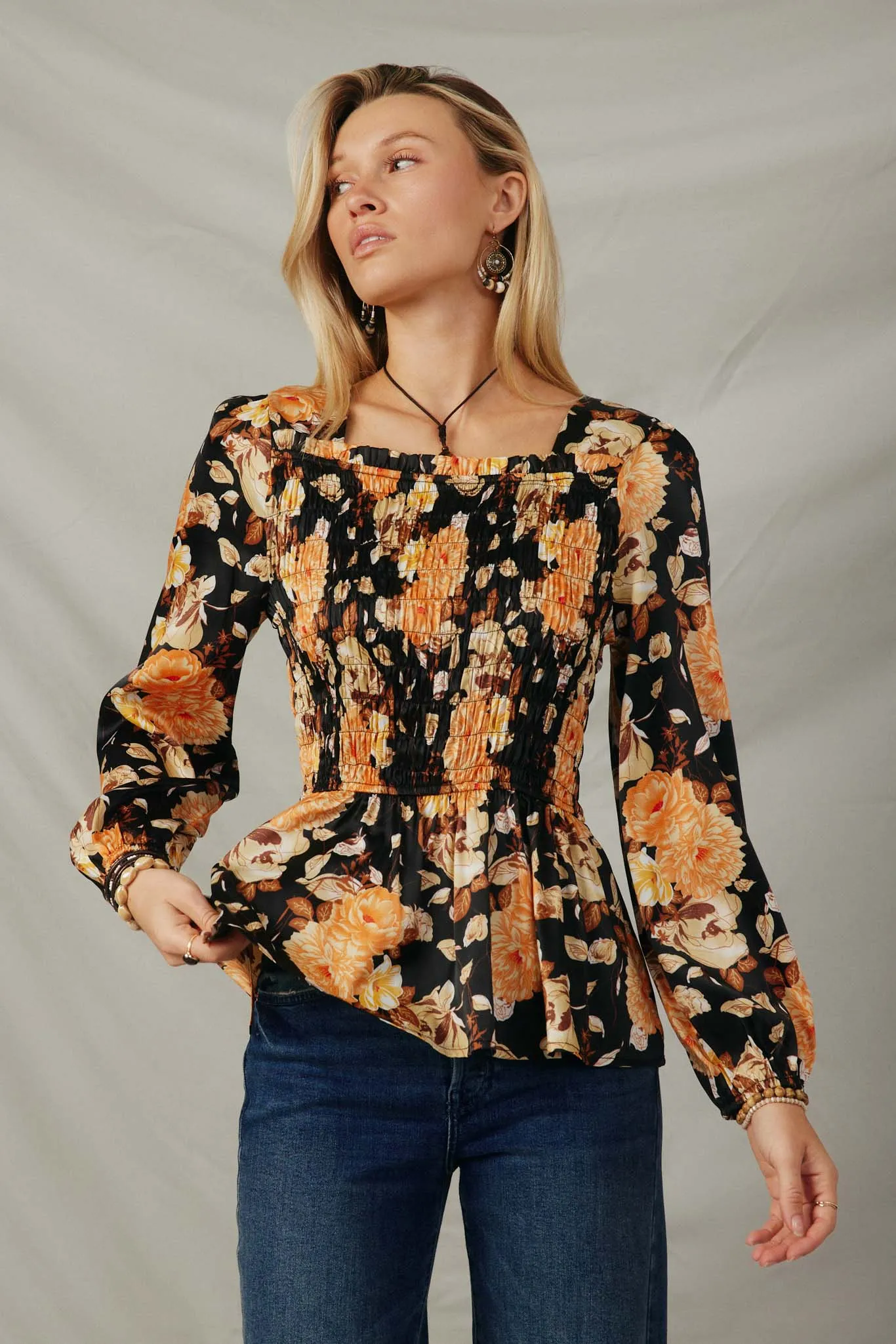 Satin Floral Loose Smocked Square Neck Top