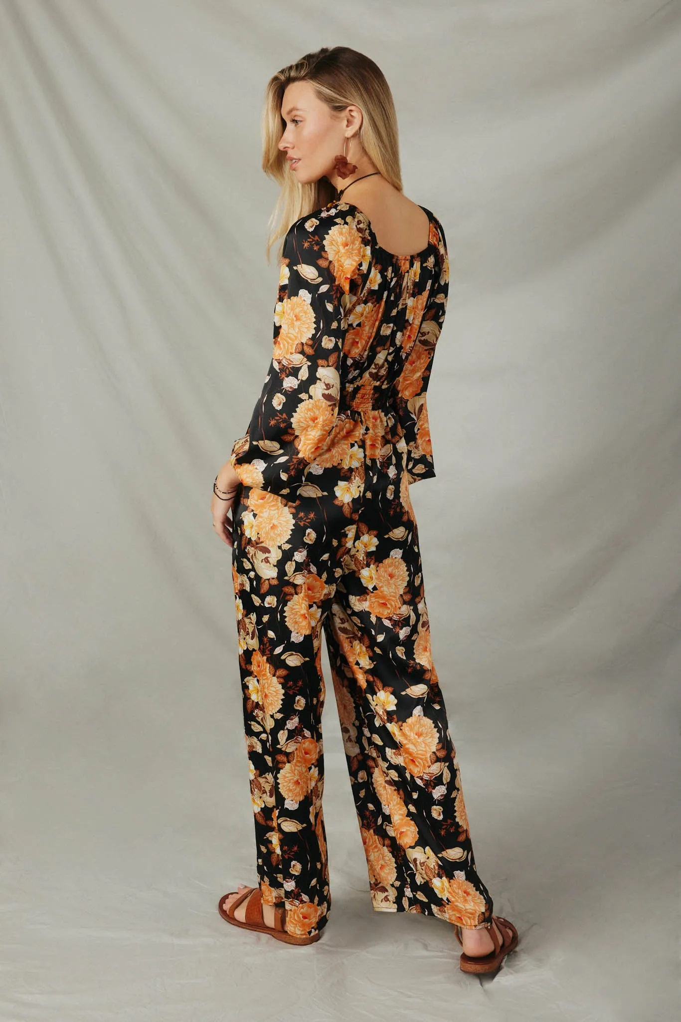 Satin Floral Smocked Waist Tie Front Jumpsuit