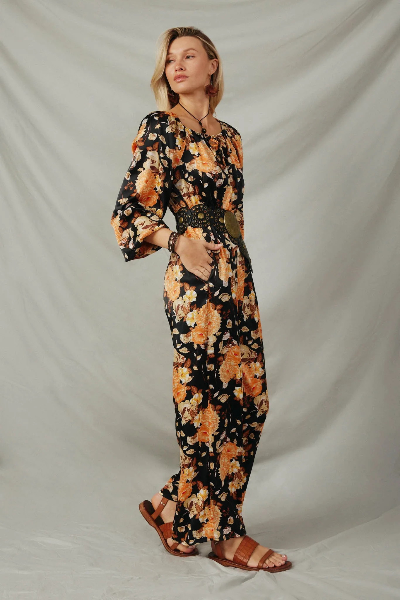 Satin Floral Smocked Waist Tie Front Jumpsuit