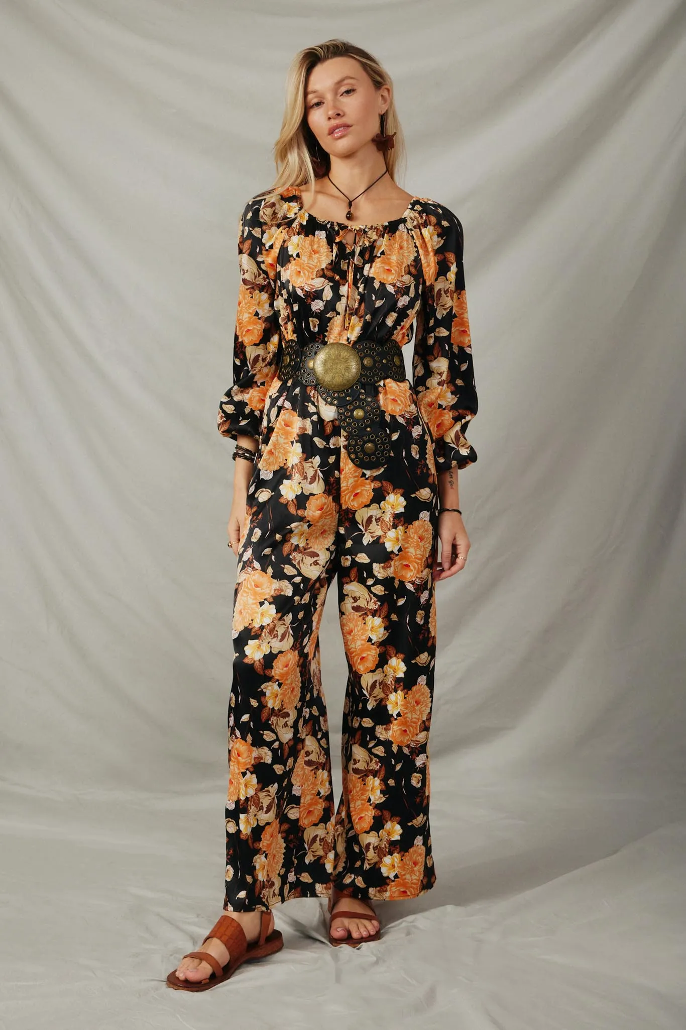 Satin Floral Smocked Waist Tie Front Jumpsuit