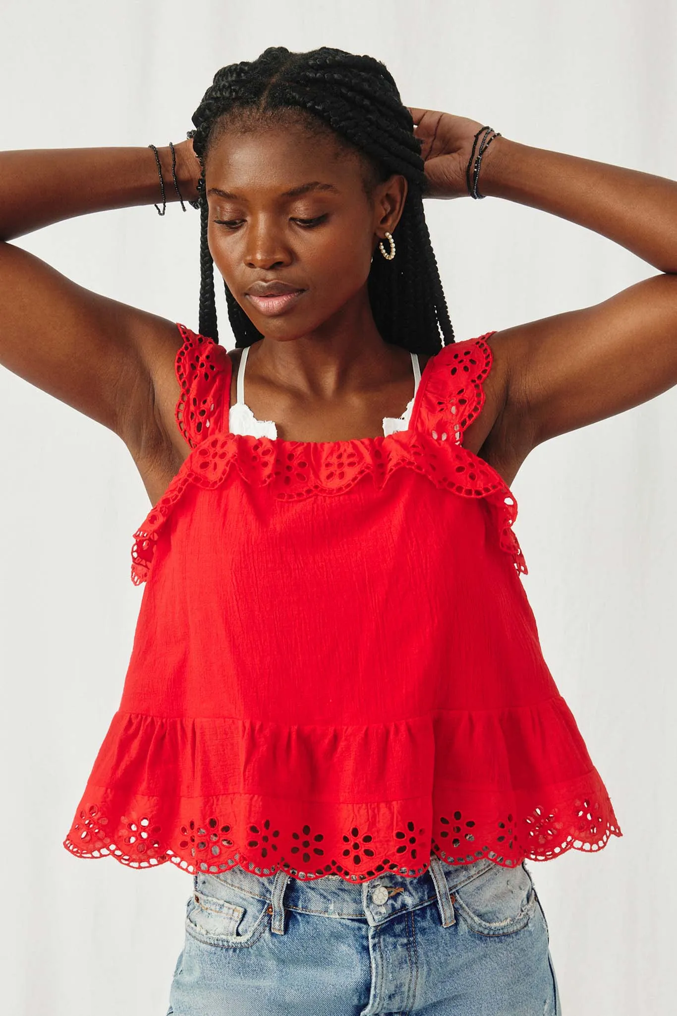 Scalloped Eyelet Ruffle Tank