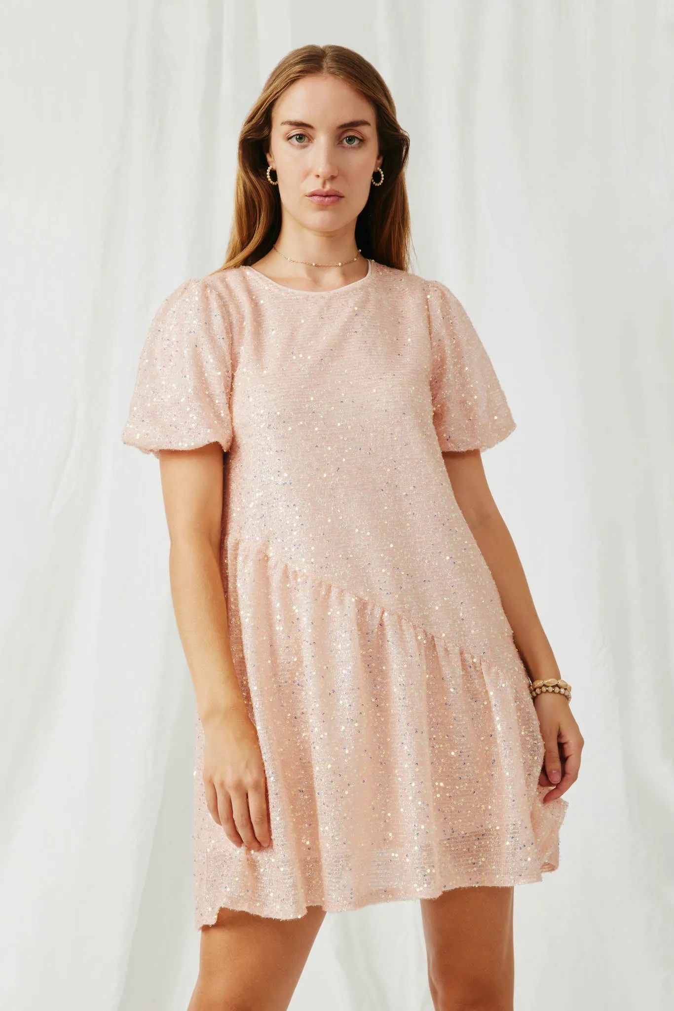 Sequined Asymmetric Hem Puff Sleeve Dress