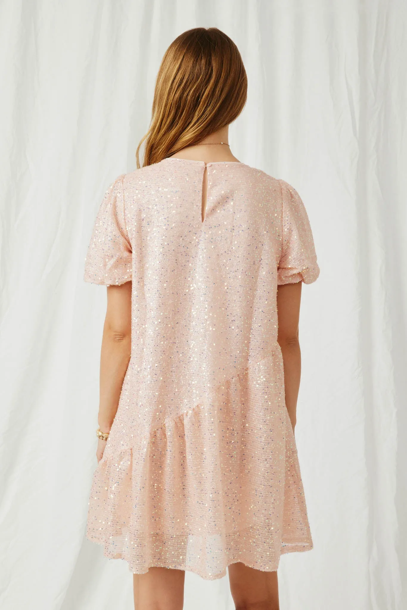 Sequined Asymmetric Hem Puff Sleeve Dress