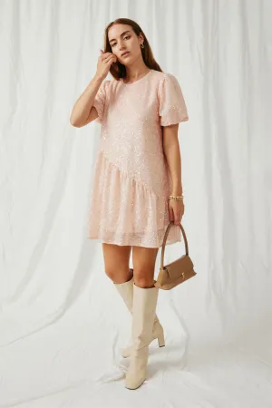 Sequined Asymmetric Hem Puff Sleeve Dress