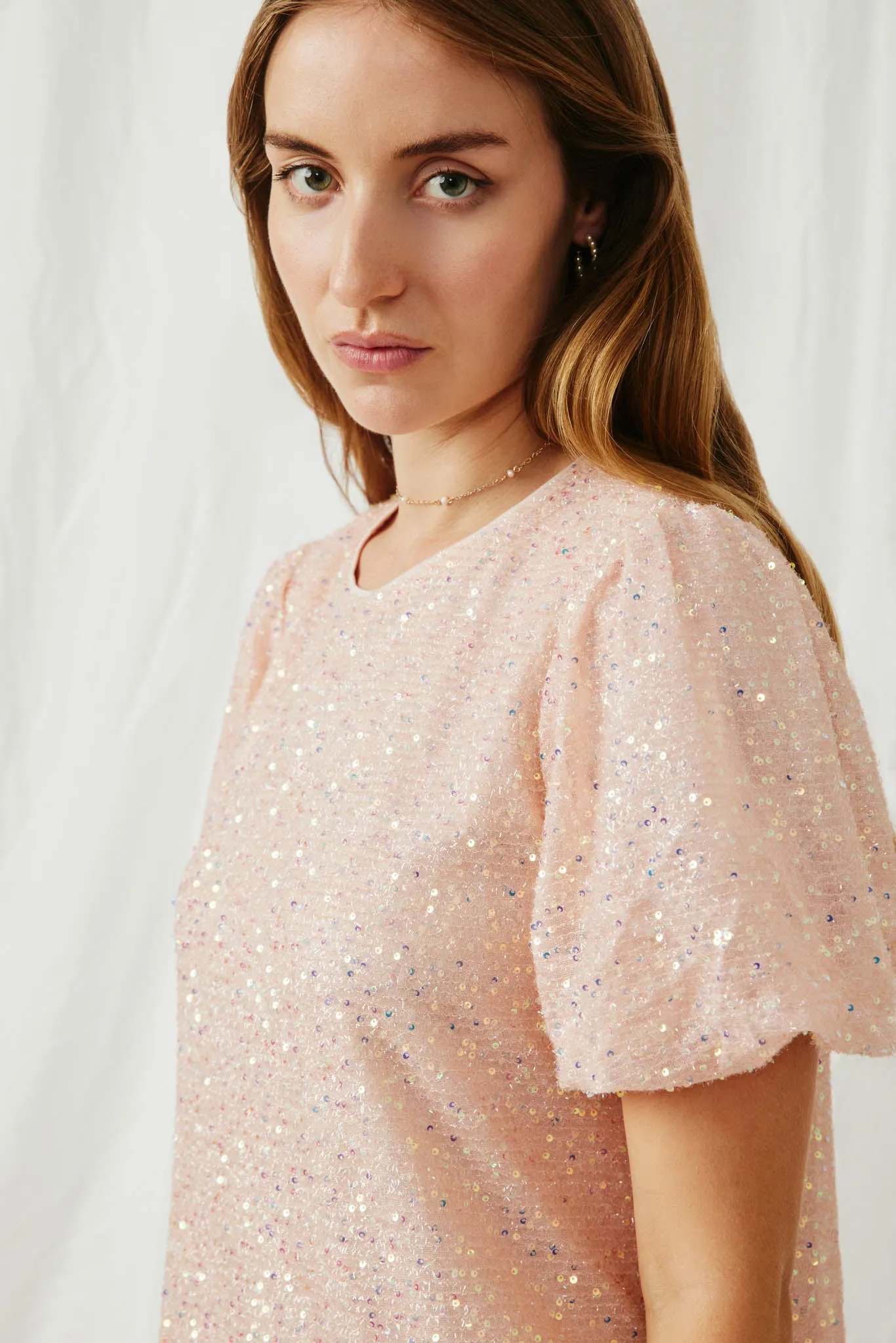 Sequined Asymmetric Hem Puff Sleeve Dress