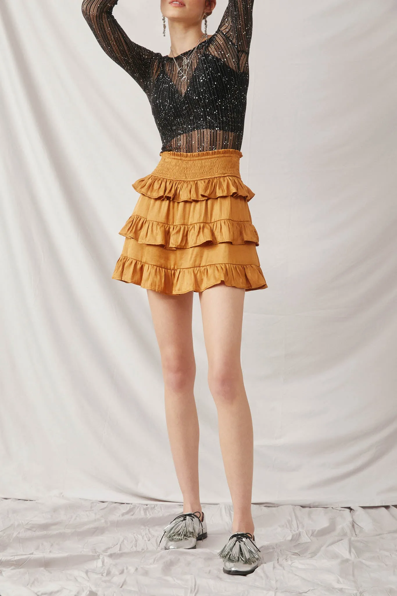 Shimmery Ruffle Tiered Smocked Waist Skirt