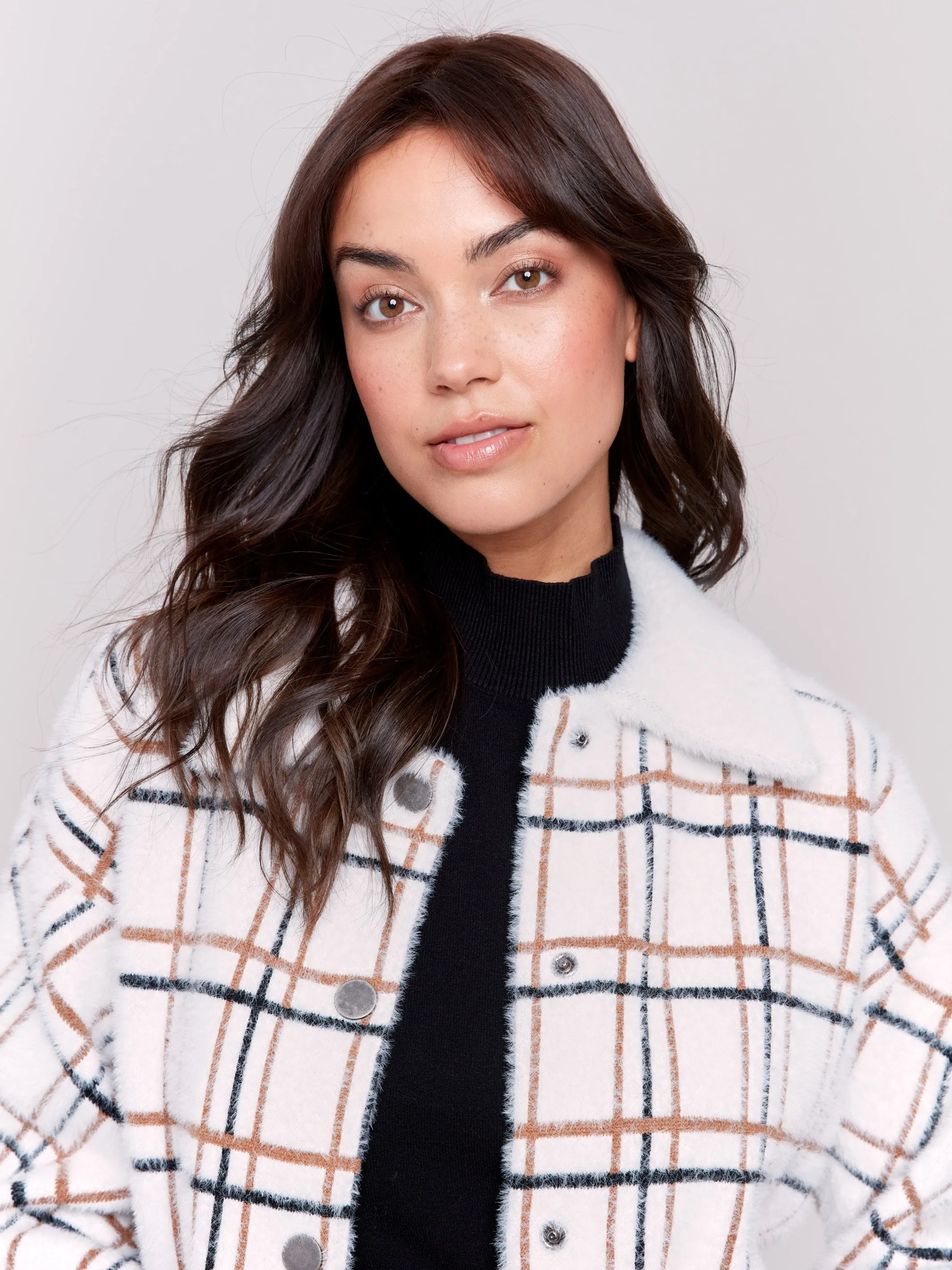 Short Plaid Knit Jacket - Terracotta