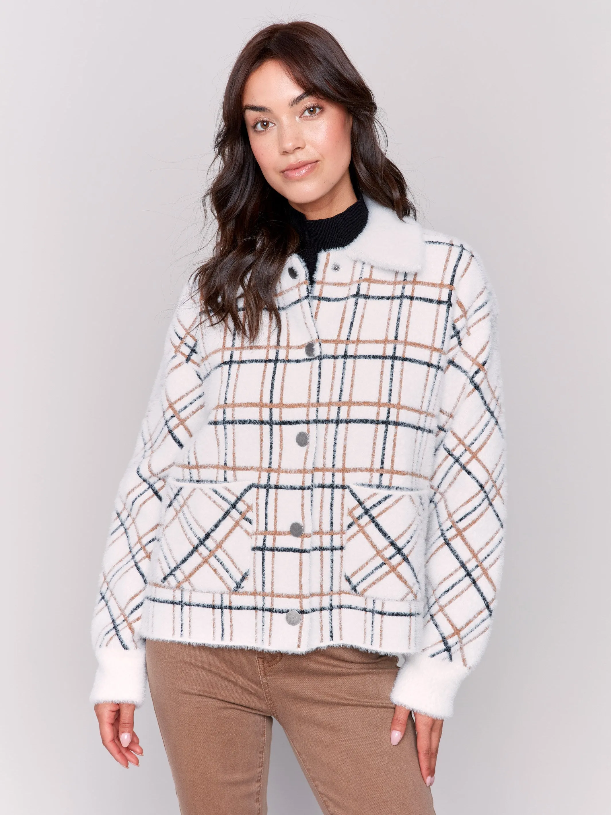 Short Plaid Knit Jacket - Terracotta