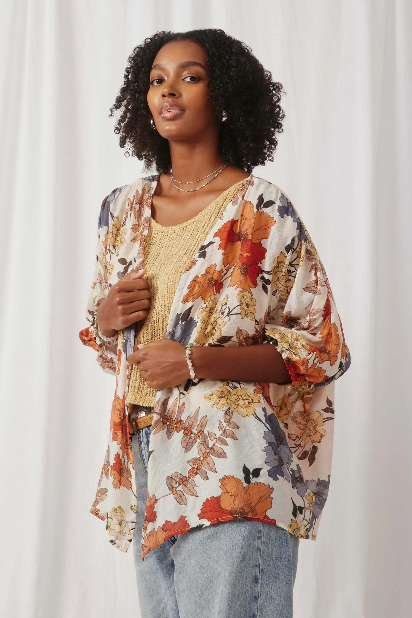 Textured Floral 3/4 Sleeve Open Kimono