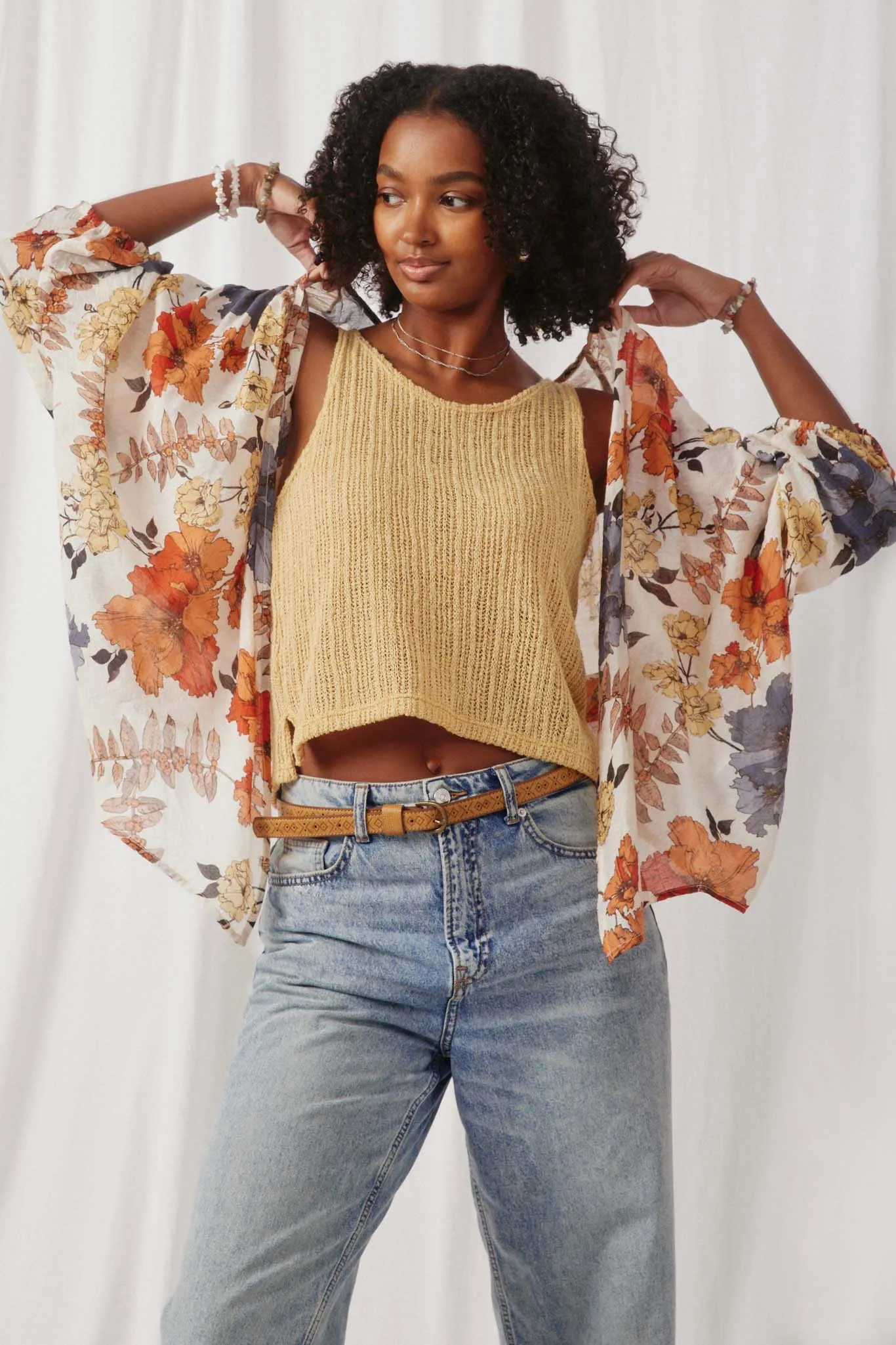 Textured Floral 3/4 Sleeve Open Kimono