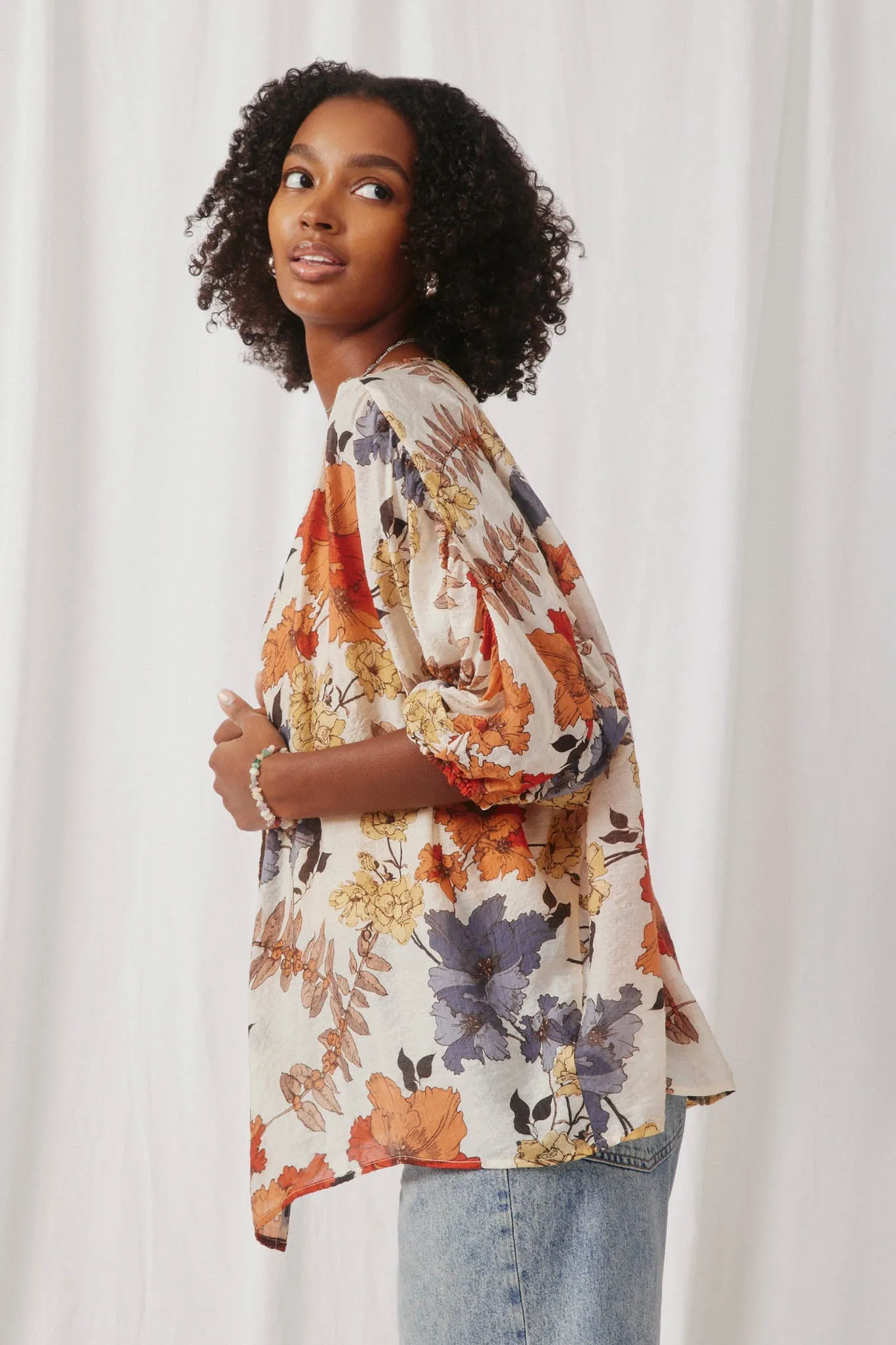 Textured Floral 3/4 Sleeve Open Kimono