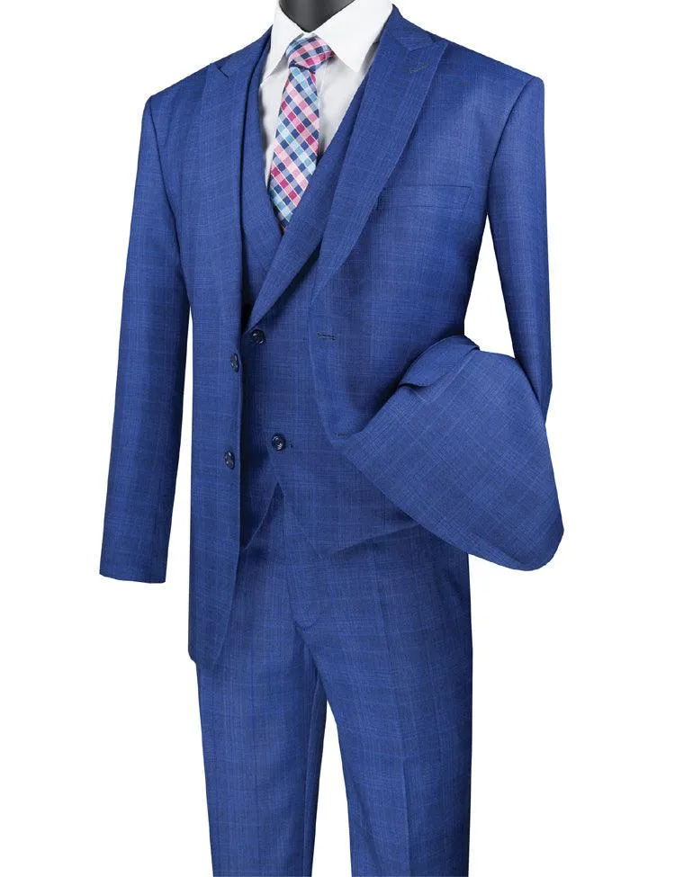 Men’s Elegant Three-Piece Glen Plaid Blue Suit with Tailored Fit and Vest