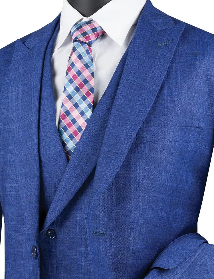 Men’s Elegant Three-Piece Glen Plaid Blue Suit with Tailored Fit and Vest