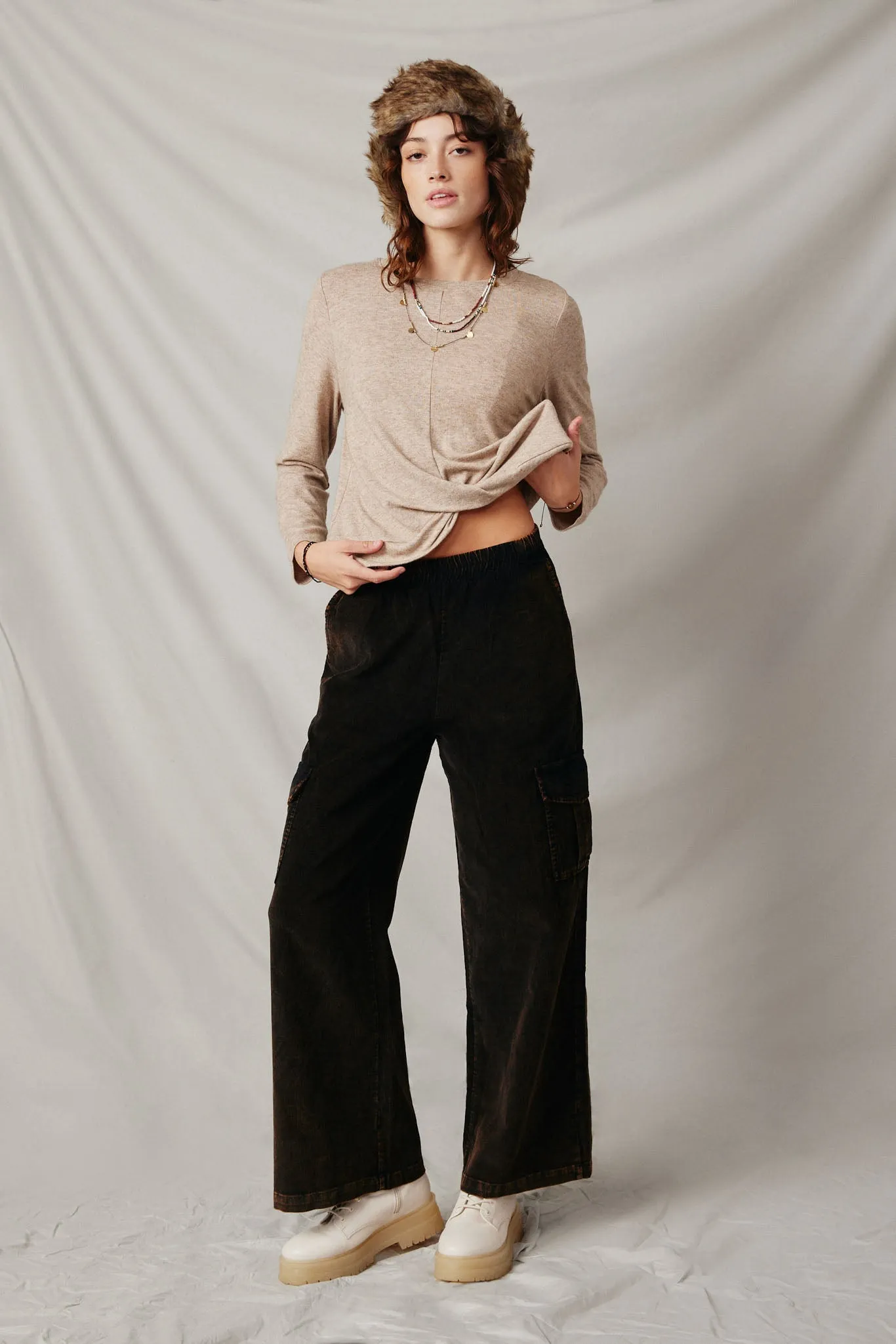 Washed Corduroy Wide Leg Cargo Pants