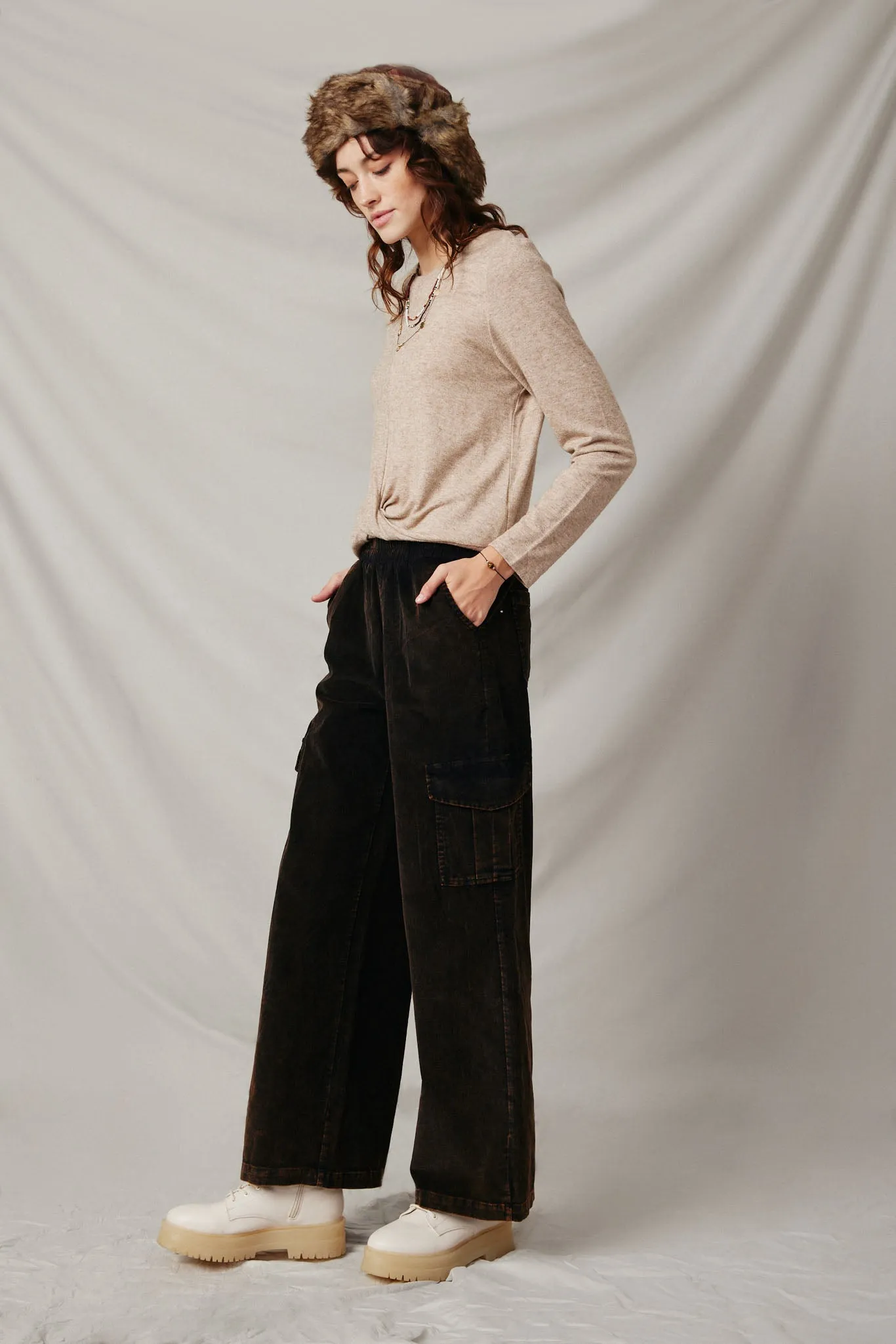 Washed Corduroy Wide Leg Cargo Pants