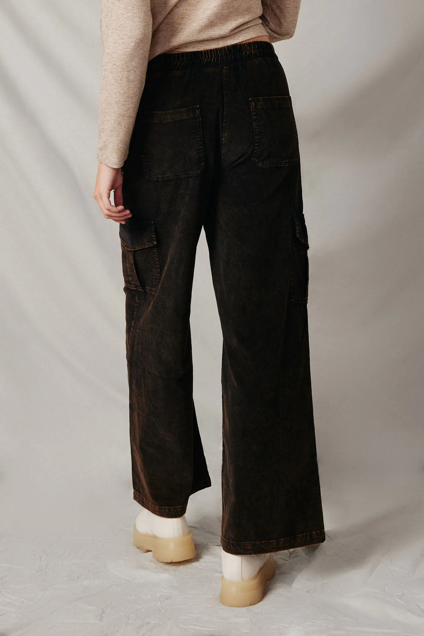 Washed Corduroy Wide Leg Cargo Pants