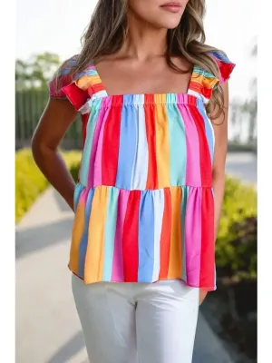 Women Casual Stripe Print Ruffled Straps Tank Top