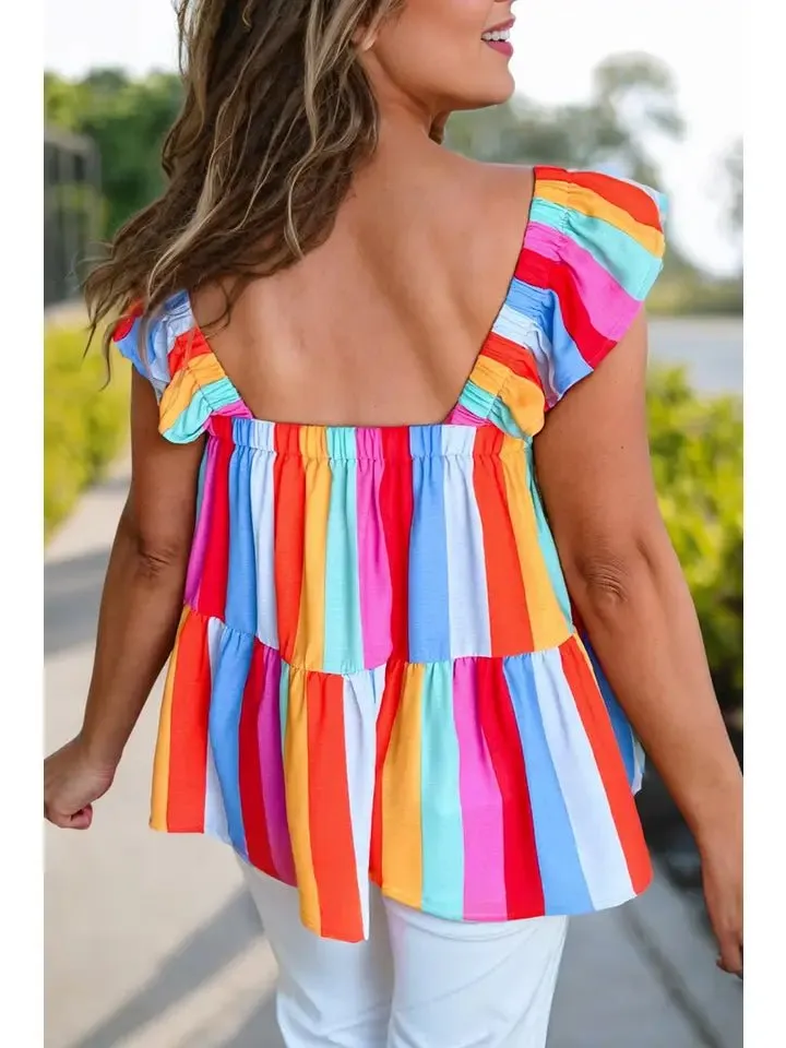 Women Casual Stripe Print Ruffled Straps Tank Top